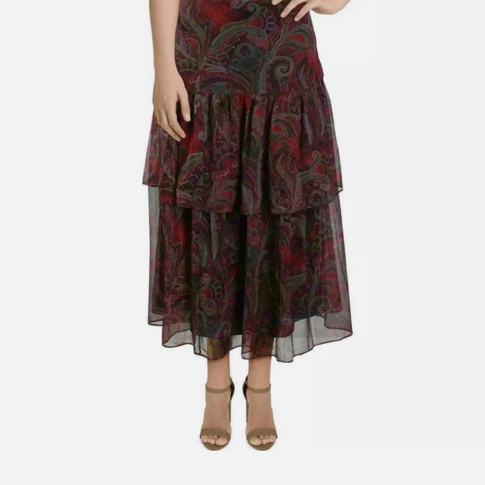 NWT Lauren Ralph Lauren Red Paisley Print Tiered Chiffon Midi Skirt Size 6P